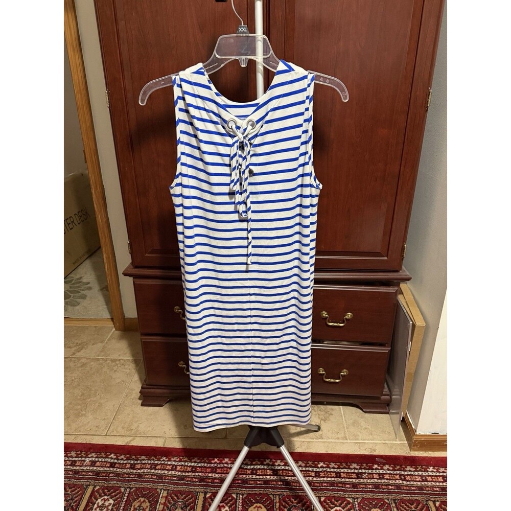 Jude Connally Tie Neckline Dress Blue And White Striped Size L